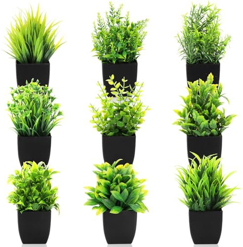 ​ZENFUN 9 Pcs Mini Artificial Potted Plants, Plastic Artificial Eucalyptus Plants Small Greenery Plant in Black Pot, Fake Plants Decor for Home Bathroom, Office Table Decor, Farmhouse