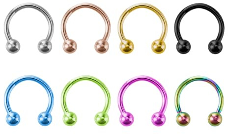 FACOKO Set di 8 anelli per setto nasale in titanio G23, 16 G, con sfera a ferro di cavallo, set di gioielli per donne e uomini, 6-12 mm, oro, argento, nero, oro rosa, arcobaleno, rosa, blu, verde, 16G