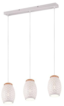lightling 3-flammige Pendellampe Bill mit Holzakzenten, Höhe anpassbar, Deckenmontage, IP20 Indoor, exkl. 3 x E27 max. 28W, Ø 15 cm, Höhe 150 cm, Breite 71 cm, Metall, weiß matt