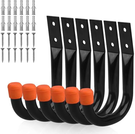 6-teiliges Wandhaken-Set, Stahlhaken für Garage, Werkstatt, Fahrradhalterung, Gartengeräte, J-Haken, orange mit Anti-Rutsch-Beschichtung, geeignet für Trockenbau- und Ziegelwände, mit 24 Zubehörteilen