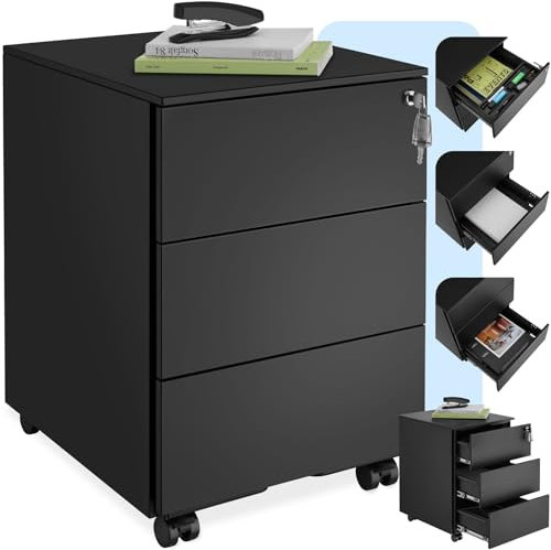 tectake® Büro Metall Aktenschrank mit Rollen, abschließbare Kommode mit Schubladen für Schreibtisch, Rollcontainer, Schubladenschrank, Organzier, Rollwagen Schrank abschließbar (schwarz)