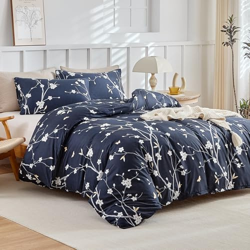 Lekesky Bettwäsche-Set für Super-King-Size-Betten, dunkelblau, Blumenmuster, Bettbezug für Super-King-Size-Betten (1 x Bettbezug, 2 x Kissenbezüge), Mikrofaser, Super-King-Size-Bettbezug-Sets 260 x