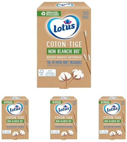 Lotus Cotons-Tiges En Papier Et Coton Non-Blanchi Bio - Boîte 200 Bâtonnets (Lot de 4)
