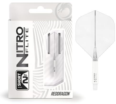 RED DRAGON Darts – Nitro Flite Integriert Flüge & Schäfte System – No.2 Form und Design – Weiß & Transparent Farbe, Kurz Länge