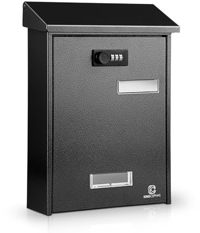 KINGCEPHAS Wall-Mounted Mailbox with Combination Lock, Suggestion Box, Square & Upright Capacity, Waterproof Postbox, High Rust Resistance Letterbox,Mailboxes for Outside,9” x 3.4” x 12.4” (Black)