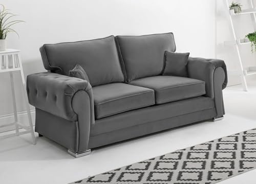 Sofahub Verona Collection - Grey Plush Velvet Corner Sofa | Fullback Upholstered L Shaped Living Room Couch with Foam Cushions & Chrome Feet