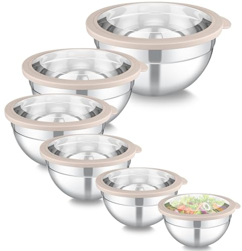 Homikit blandningsskål set om 6, rostfritt stål skål salladsskål med transparent lock för servering matlagning bakning, skålset 4,5 L/2,8 L/2,5 L/1,6 L/1,2 L/0,7 L, stapelbar & diskmaskinssäker, Khkai