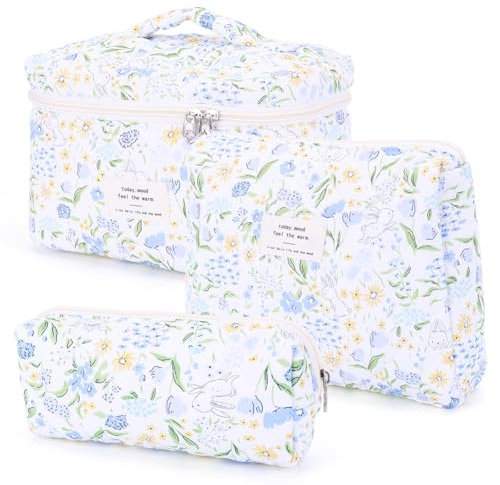 GSenhui 3pcs Kosmetiktasche Damen Gesteppte Kulturtasche Set Make Up Tasche mit Blumenmuster, Kulturbeutel Wasserdicht Tragbare Schminktasche Cute Cosmetic Bag für Mädchen