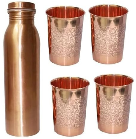 BRACOP® Flasche aus reinem Kupfer mit 4 Wassergläsern Serviergeschirr handgefertigt Kupferwasserflasche mit Deckel Trinkgläser Kupferutensilien Cocktailbecher Becher Trinkflasche Wasserkrug.