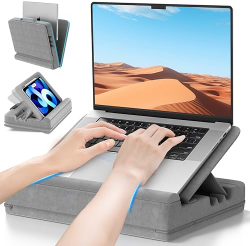 Heyife Laptop Kissen für Knietablett, Tablett Kissen Ständer, Laptoptisch Schoß fürs Bett/Sofa, Verstellbare Lap Desk Unterlage für bis zu 15″ PC/Mac, Tablet, iPad, Kindle, Grau