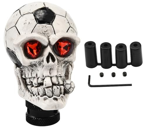 Blueshyhall Schaltknauf Totenkopf mit Fussball Muster, Gear Stick Knob Skull Schwarz Weiß Design für Manueller Automatik aus Metall, Auto Schalthebel Tuning Shifter Knob Schädel mit M6/8/10/12 Adapter