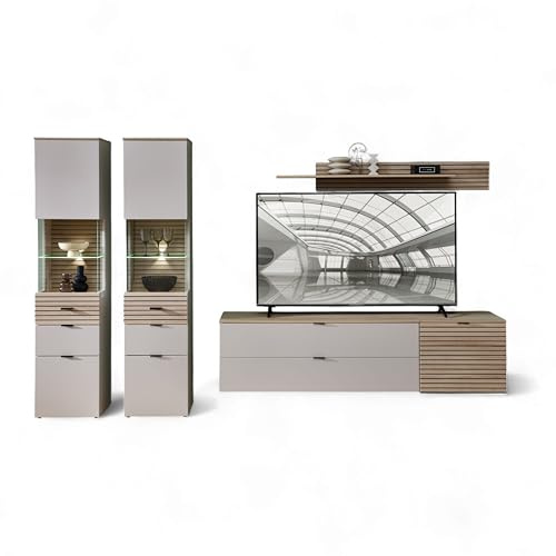 INA Wohnwand 5-teilig mit LED-Beleuchtung Kaschmir Riva Eiche Optik | 320 x 200 x 44 cm (B/H/T), moderne Schrankwand mit Lamellenoptik und Glaselementen für das Wohnzimmer, FSC-zertifiziert
