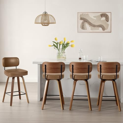 Bekrvio Juego de 4 taburetes de bar giratorios, 65 cm de altura, sillas de bar con respaldo, piel sintética y 4 patas de madera de nogal, silla de bar con reposapiés de metal, para cocina, bar