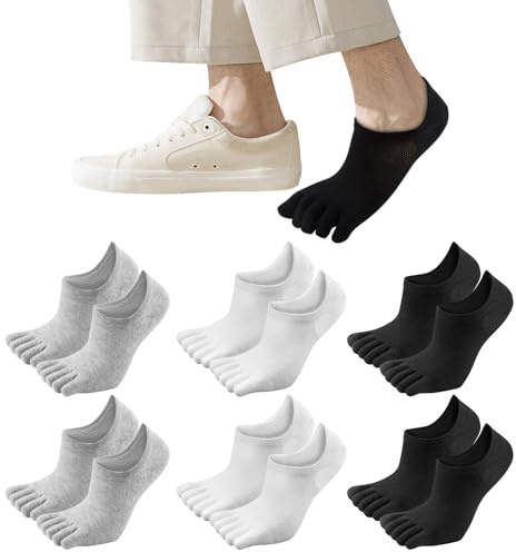 Soleeya 6 Pares Calcetines Invisibles Hombre Mujer Algodon Talla 38-43, Calcetines Cortos de Cinco Dedos Tobilleros Hombre Deporte Verano de Corte Bajo con Silicona Antideslizante (A)