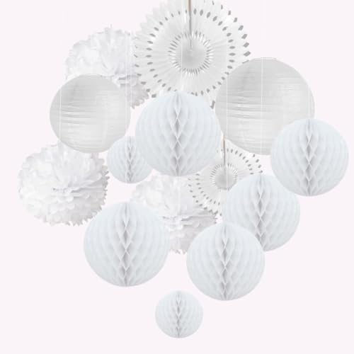 SUNBEAUTY Lampions pom poms dekoration vita vaxkakebollar solfjädrar papper lyktor hängande pappersblommor silkespapper pom poms bröllop dekoration festdekoration för födelsedag baby shower party