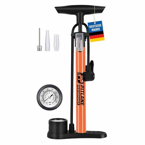 Pitlane Performance® Pompa ad aria con manometro – 42 cm Pompa a pedale con barometro fino a 11 bar Compatibile con valvole Schrader, Presta, Dunlop Pompa per bici con ago per palloni e adattatori