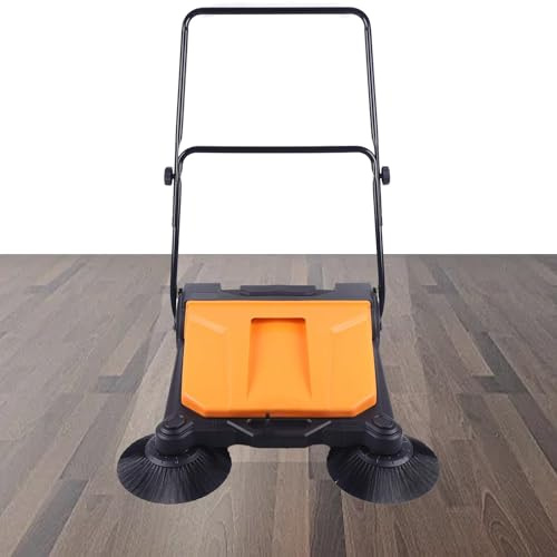 Barredora de suelo comercial Walk Behind, gran caja de polvo de 15 L y camino de limpieza de 26.8 pulgadas de ancho, diseño plegable para barrer eficientemente en pasillos, patios, garajes y