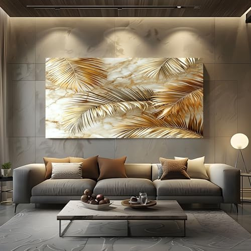 SKOEUI Quadri Moderni Foglie Di Palma Tropicali Quadro su Tela Oro | Stampa su Tela per Soggiorno Capezzale Camera da Letto Ufficio 70x140 cm Senza Cornici