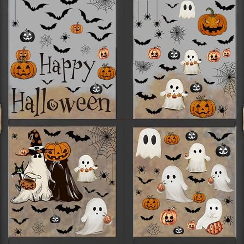 DazzJoy 6 ark halloween fönsterbilder självhäftande skräck dekoration, fönsterbilder halloween pumpa spöke dekoration, spindelnät fladdermus fönsterdekoration, halloween dekoration spöke fönster