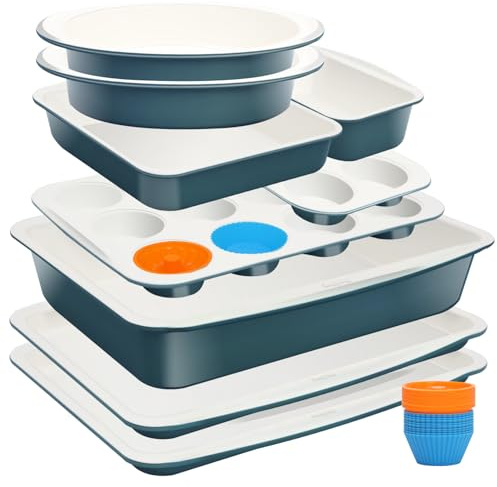 Ymiton Ceramic Nonstick Baking Pans Set, Non Toxic 33 PCS Stackable Bakeware Sets, 550°F Oven Safe Baking Sheet & Pans, Warp-Free, Dishwasher Safe, PTFE/PFOA/PFOS-Free (Blue)