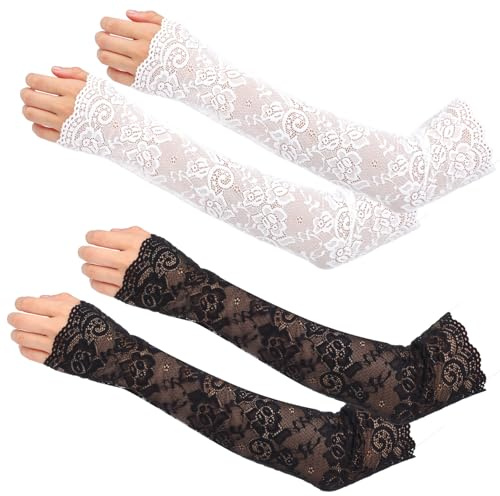 Heclia 2 Pairs Fingerless Lace Gloves Floral Long Lace Gloves Black Laces Glove for Women Elbow Length Elegant Laces Glove for 80s Wedding Bridal Opera Party Masquerade Cosplay Costume Accessory