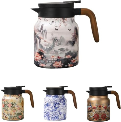 Thermoskanne Edelstahl 1000ml, Thermo Teekanne Dicht mit Retro Blumenmuster, V Förmiger Ausguss, Integriertes Teesieb, Handhaben, für Haus Wohnung