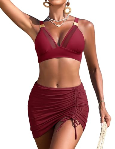 Vijamiy Costume Donna Due Pezzi Costumi da Bagno Bikini Mare Push Up Curvy Sexy Beachwear Gonna Bikinis Set con Fibbia in Metallo (Rosso Vino,L)