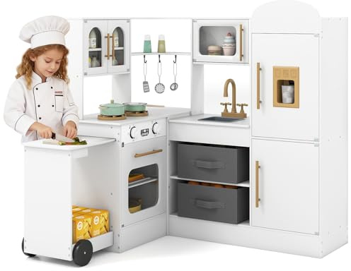 COSTWAY Cuisine d'angle Enfant avec Comptoir Rétractable et Lumières et Sons, Cuisine Enfant en Bois avec Réfrigérateur et Machine à Glaçons, Accessoires Riches, Jeu d'imitation pour 3 Ans+ (Blanc)