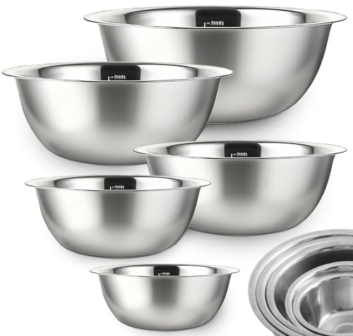 Bols Mélangeurs en Acier Inoxydable, Lot de 5 Cul de Poule Inox, Bols à Mélanger en Acier Inoxydable, Saladiers de Tailles Différentes (0.58 L, 0.9 L, 1.6 L, 2.05 L, 2.6 L) Bol Inox Bowl de Mélange