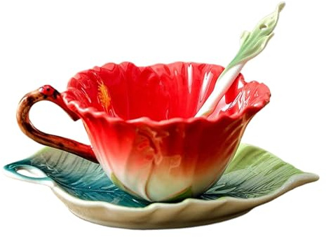 qczoyp 3D Ceramic Tea Cup and Saucer Set, Flower Coffee Mug Tea Cups with Spoon, Vintage Floral Tea Cups with Decorative Handle for Afternoon Tea Weddings and Home Decor (Red)
