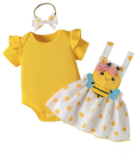 LUVCES Neonata Gonne Set Maniche Corte con Volant Top + Tuta Stampata Abito con Bretelle +Fascia per Capelli Set di Abiti Estivi Completo Ape gialla 12-18 Mesi