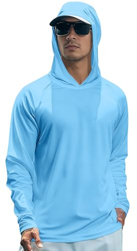 T-Shirt Anti UV Homme Manches Longues, Sweat à Capuche UPF 50+ Léger Respirant, Vêtement de Pêche et Extérieur Été