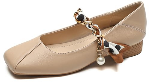 Caqui,39 EU,Zapatos Mary Jane Mujer Bailarinas Elegantes Punta Cuadrada Tacon Bajo Tira Cadena Colgante Perla Detalle Fular Oficina Diario Invitada Boda Zapatos Paseo
