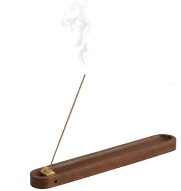 Räucherstäbchen Halter aus Holz mit Ascheauffangschale, 18,3 cm Hoher Incense Holder Räuchergefäß mit 3 Löchern aus Messing, ideal für Meditation,Yoga,und Dünne & Dicke Stäbchen (Walnussholz Farbe)