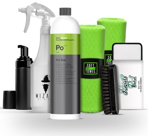 autopflege Textil- Leder- & Alcantarareiniger Set | Koch Chemie Pol Star 1l + Sprühflasche + Schaumspender + Bürste + 2X Mikrofasertuch | Textilreiniger Lederreiniger Polsterreiniger
