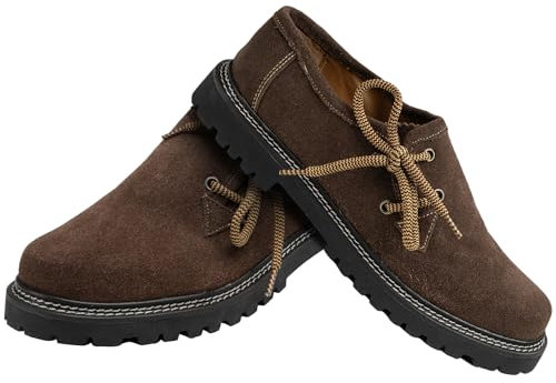 German Wear Haferlschuhe Trachtenschuhe Original Handmachart Trachten Lederschuhe aus Wildleder Echtleder Schuhe Dunkelbraun - 44 EU mit 2X Schnürsenkel