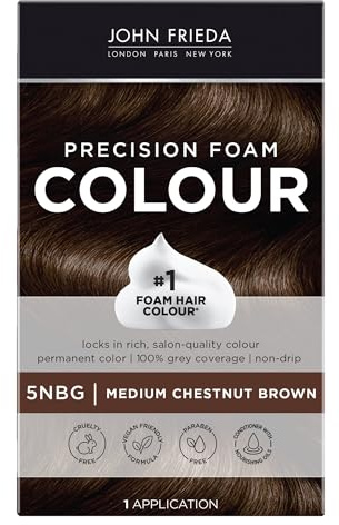 John Frieda Precision Foam Colour, Medium Chestnut Brown 5NBG, Full-coverage Hair Color Kit, Anti-Fade Gray Coverage, Deep Color Saturation Hair Dye, 1 Application