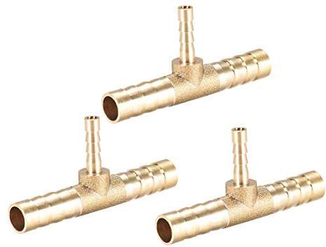 sourcing map Tee Brass Barb Fitting Reducer 3 Way, Fit Hose ID 8mm x 4mm x 8mm 3pcs