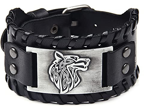 Herren Retro Breites Metall Schwarz Wolfskopf Lederarmband Punk Style Lederarmband Pirat Armbänder Breiter Gürtel Manschette