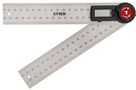 STIER Digitaler Winkelmesser SDW 200, Winkelschmiege mit Feststellfunkion, LCD-Display ±0,3° rostfreier Stahl 200 mm, Lineal aus Edelstahl, relativeund absolute Winkelmessung