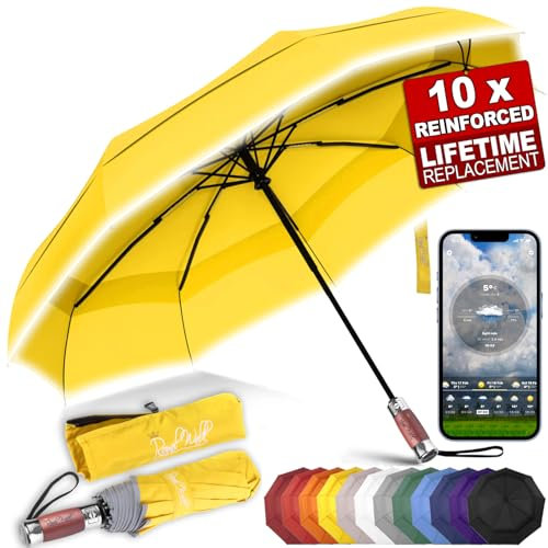 Royal Walk Windproof Folding Travel Umbrella Compact and Strong Luxurious Real Wood Handle Automatic Open Close Vented Double Canopy for Men and Women (Yellow)