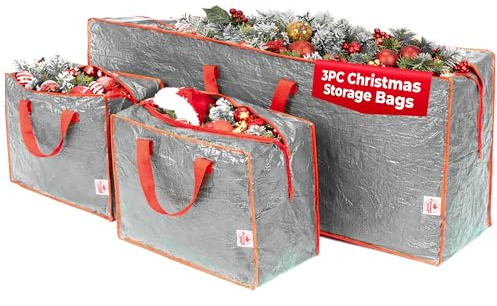Christmas Village Set of 3 Christmas Storage Bags - 7ft Christmas Tree Storage Bag and 2 Decoration Storage Bags with Handles - Durable Xmas Storage Bag for Lights, Tinsel, Wreath (Grey)