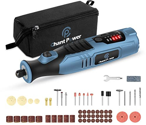 C P CHANTPOWER Cordless Rotary Tool, 8V Rotary Tool with 2.0 Ah Li-ion Battery, 5-Speed, 4 Front LED Lights and 60pcs Accessories Kit for Carving, Engraving, Sanding, Polishing and Cutting