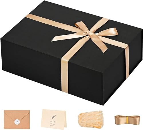 LIFELUM Geschenkbox, 34,9 x 25,4 x 10,2 cm, große schwarze Geschenkboxen mit magnetischen Deckeln, luxuriöse Geburtstagsgeschenkbox für Trauzeugen, Antragsgeschenke, enthält Karte, Band, Füllstoff