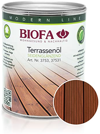 BIOFA Terrassenöl farbig 37531 Pflegeöl für Holzterrassen und Terrassen-Dielen aus Holz – Öl aus natürlichen Rohstoffen - Außenbereich (1L, Bangkirai dunkel)