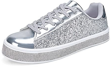 UUBARIS Women's Glitter Tennis Sneakers Neon Dressy Sparkly Sneakers Rhinestone Bling Wedding Bridal Shoes Shiny Sequin Shoes Silver Size 11