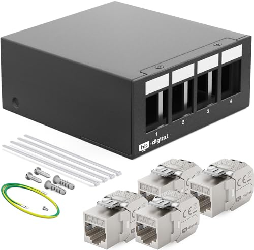 HB-DIGITAL 4-Port Patchpanel Patchfeld Verteilerfeld 1 HE 4x CAT 7 RJ45 Keystone Jack Modul vollgeschirmt STP 10 Gbps Kompatibel mit Verlegekabel Netzwerkkabel Ethernet LAN - Schwarz