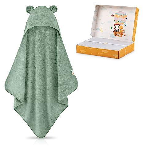 FUCHSUNDPANDA ® Kapuzenhandtuch Baby EXTRA dick, warm & weich | 75x75cm Babyhandtuch mit Kapuze (100% Bambus) | Baby Handtuch Kapuze mit toller Geschenkverpackung (Kupfer-grün)