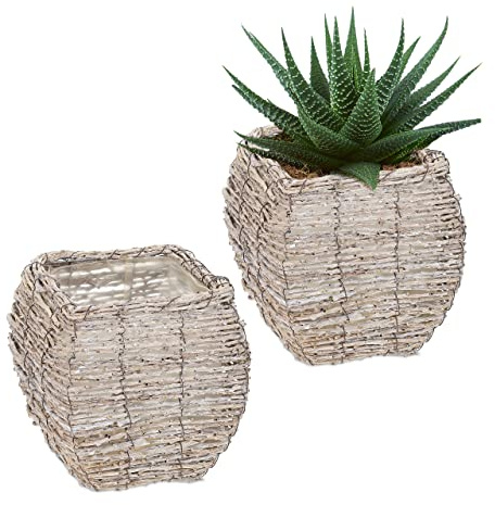Relaxdays Maceta, Set 2, Ratán, Macetero con Plástico, 20 x 20 x 20 cm, Cestas para Plantas de Interior, Blanco/Natural