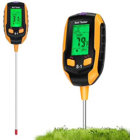 4 in 1 Bodenmessgerät, Digitales Bodenfeuchtemessgerät mit Temperatur/Feuchtigkeit/ Sonnenlicht und Hintergrundbeleuchtung, PH Wert Messgerät Boden für Gartenarbeit, Landwirtschaft, Outdoor Pflanzen